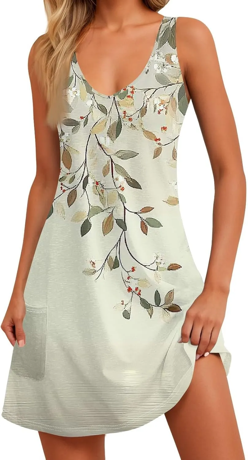Women's Summer Dresses Summer Casual V Neck Sundresses Boho Tank Dress Beach Vacation Clothes with Pockets