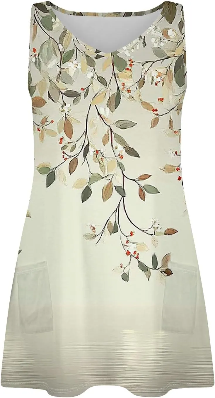 Women's Summer Dresses Summer Casual V Neck Sundresses Boho Tank Dress Beach Vacation Clothes with Pockets