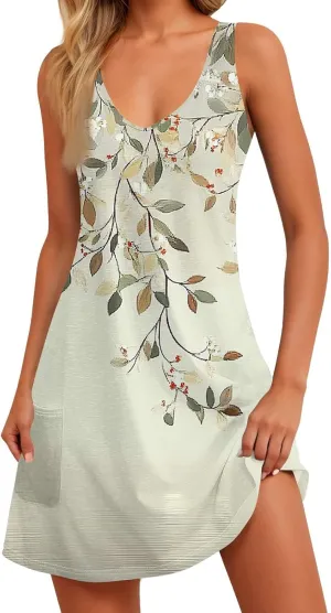 Women's Summer Dresses Summer Casual V Neck Sundresses Boho Tank Dress Beach Vacation Clothes with Pockets