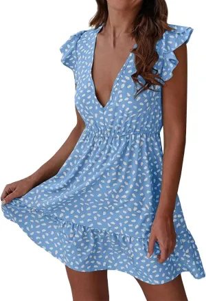 Womens Summer Floral Printed Smocked Square Neck Ruffle Short Sleeve Mini Boho Dress Sleeveless Slip Dress Women