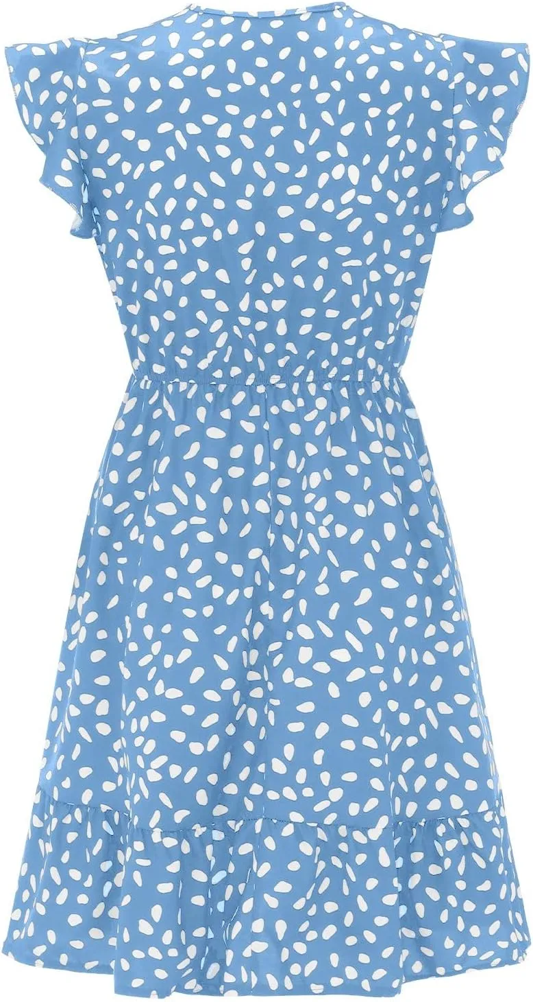 Womens Summer Floral Printed Smocked Square Neck Ruffle Short Sleeve Mini Boho Dress Sleeveless Slip Dress Women