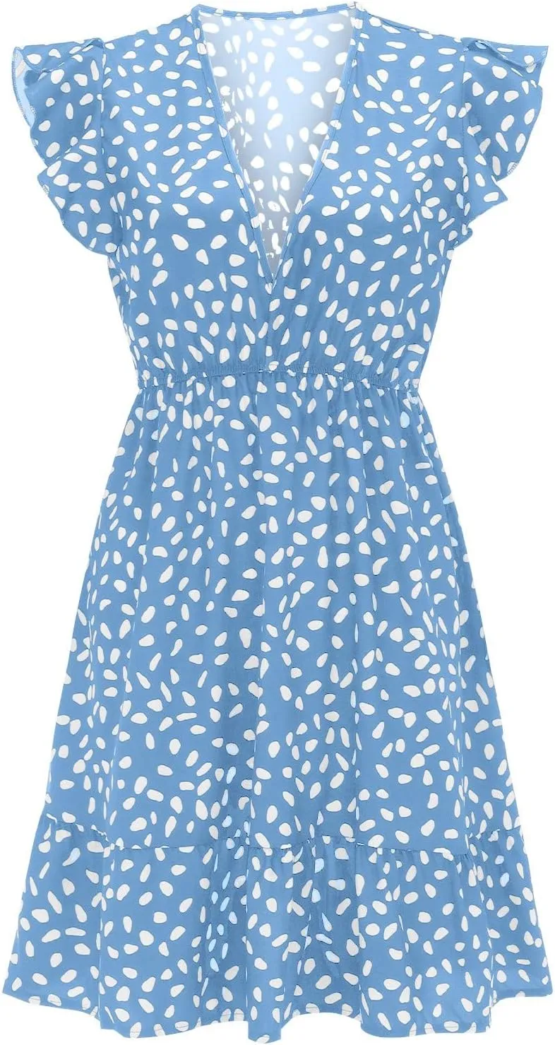 Womens Summer Floral Printed Smocked Square Neck Ruffle Short Sleeve Mini Boho Dress Sleeveless Slip Dress Women