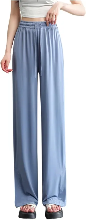 Women's Summer Ice Silk Pants Drawstring High Waist Wide Leg Full Length Loose Casual Sweatpants with Pockets
