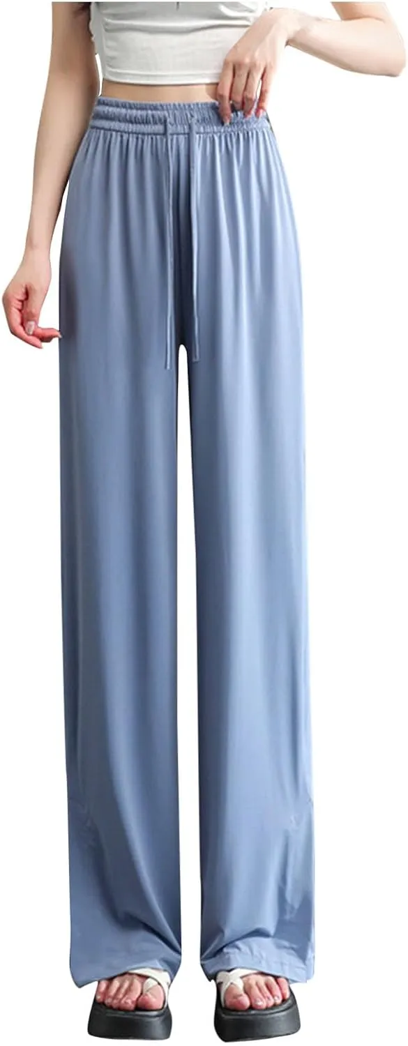 Women's Summer Ice Silk Pants Drawstring High Waist Wide Leg Full Length Loose Casual Sweatpants with Pockets