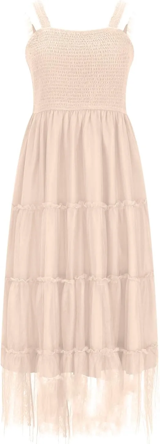 Women's Summer Midi Sundress Sleeveless Tulle Dress Smocked Square Neck Ruffle Flowy Party Wedding Guest Dresses