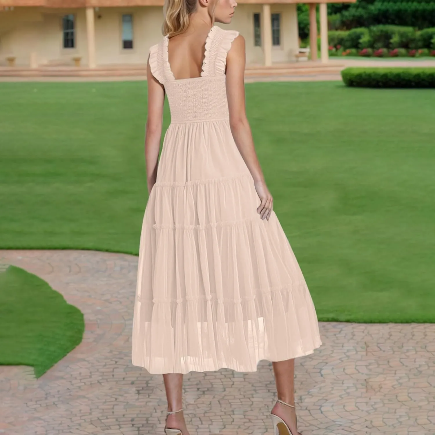 Women's Summer Midi Sundress Sleeveless Tulle Dress Smocked Square Neck Ruffle Flowy Party Wedding Guest Dresses