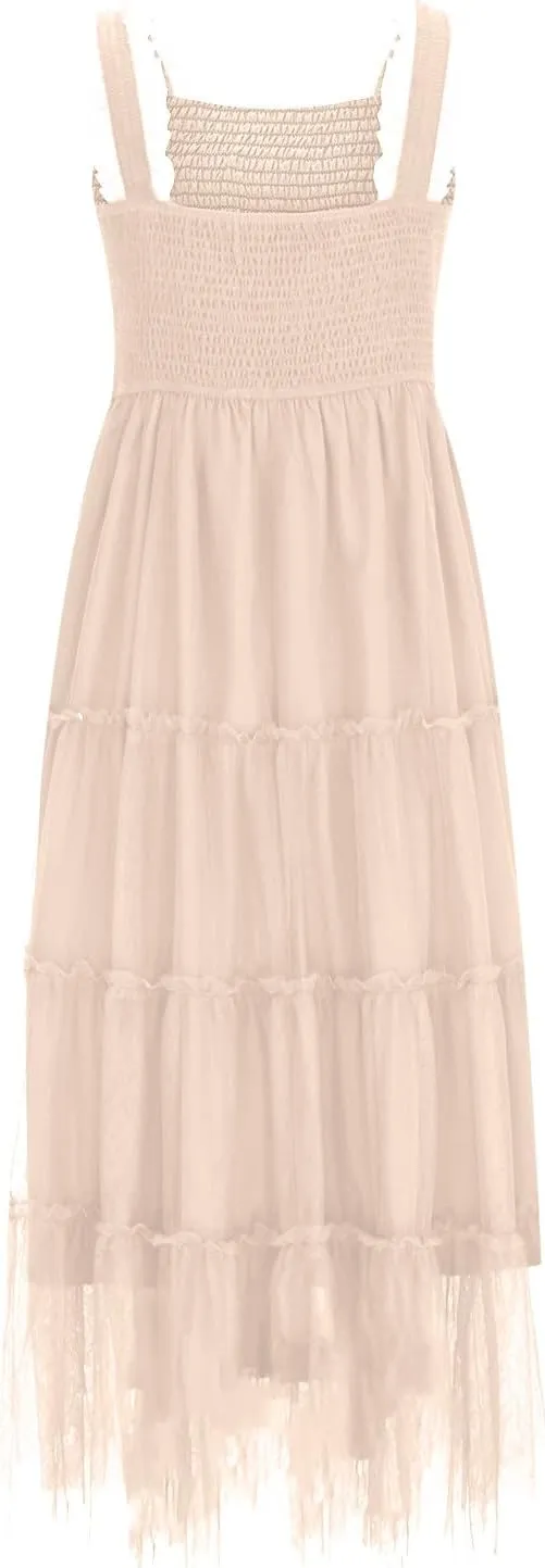 Women's Summer Midi Sundress Sleeveless Tulle Dress Smocked Square Neck Ruffle Flowy Party Wedding Guest Dresses