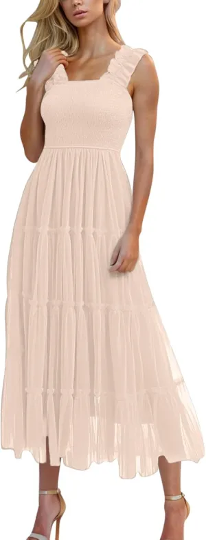 Women's Summer Midi Sundress Sleeveless Tulle Dress Smocked Square Neck Ruffle Flowy Party Wedding Guest Dresses