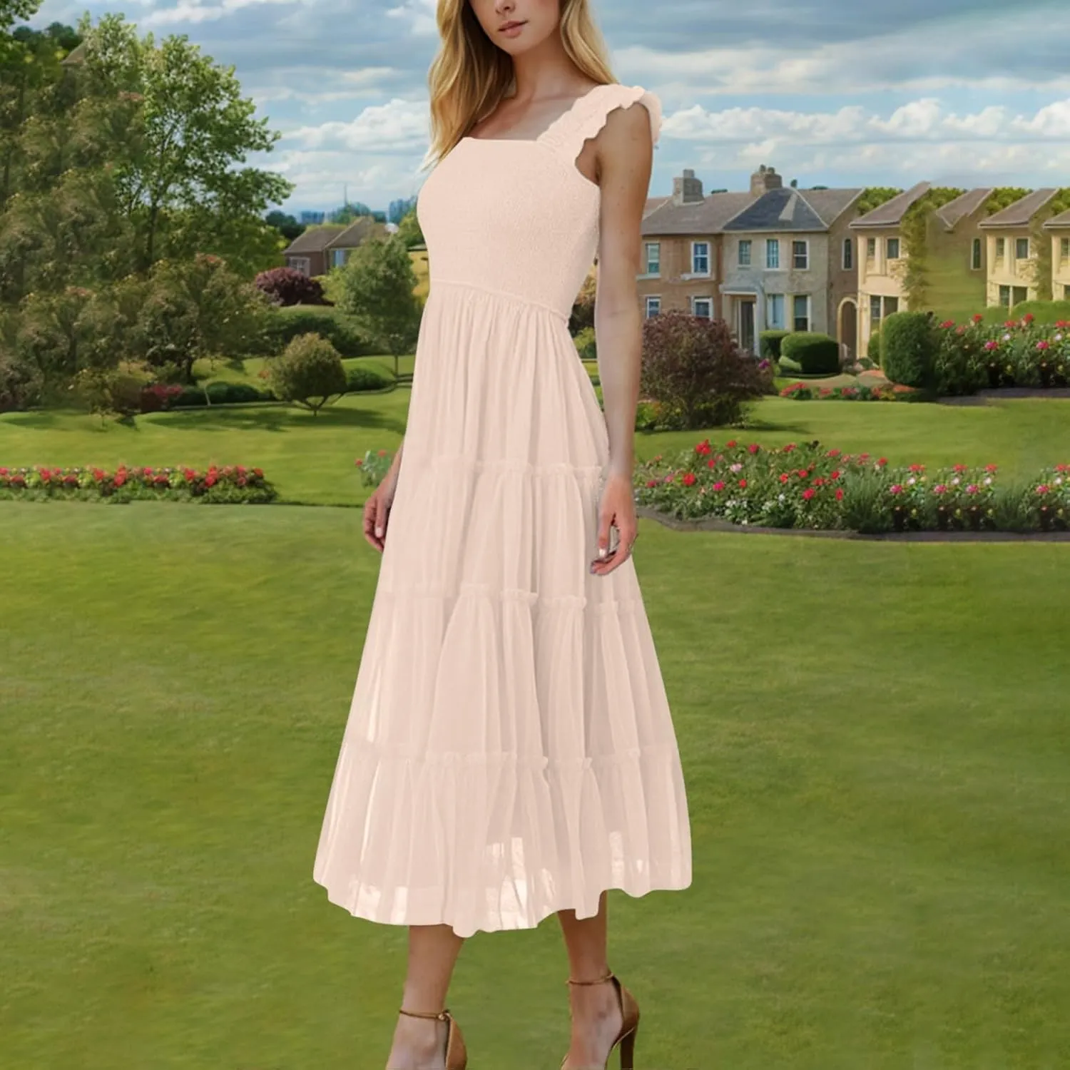 Women's Summer Midi Sundress Sleeveless Tulle Dress Smocked Square Neck Ruffle Flowy Party Wedding Guest Dresses