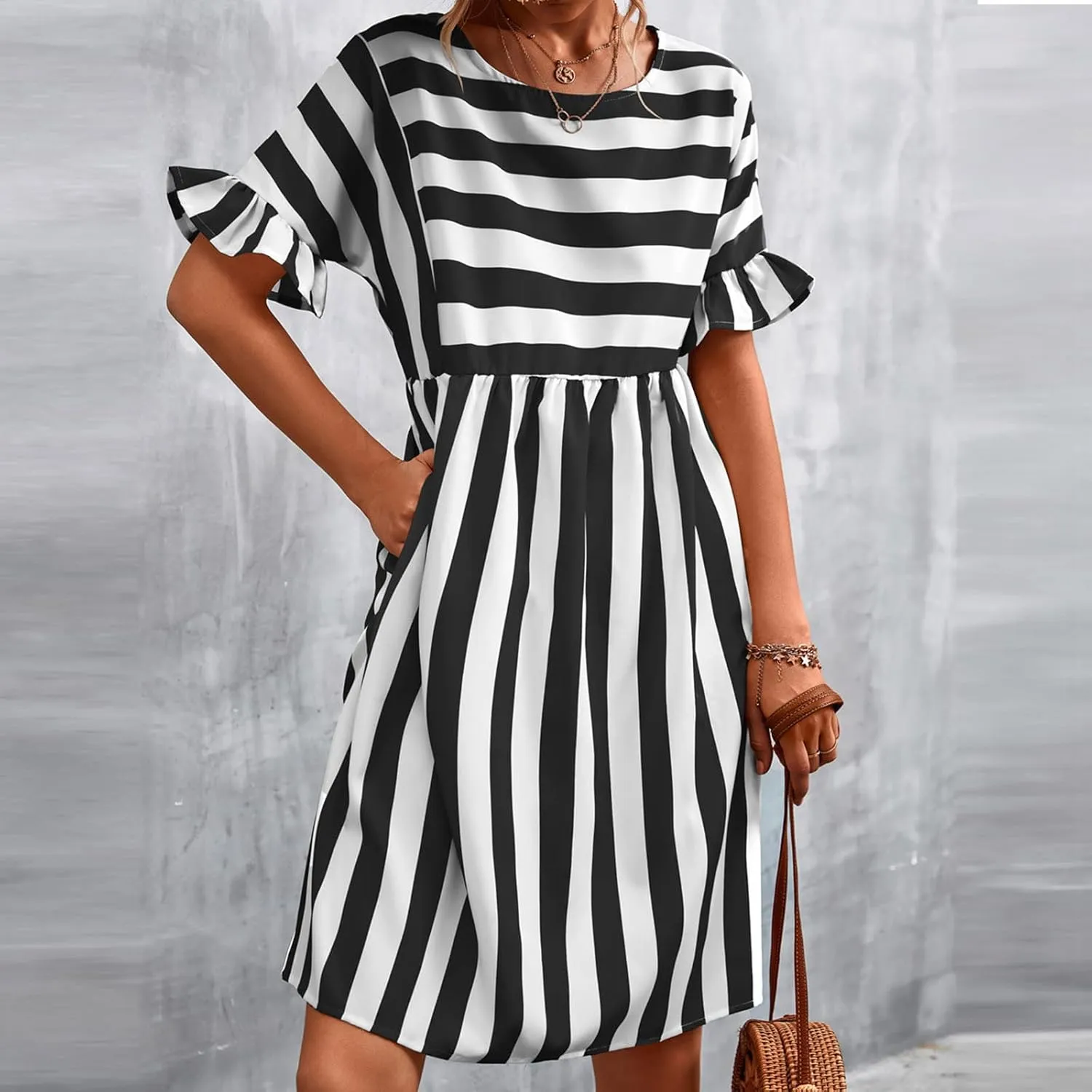 Women's Summer Ruffle Short Sleeve Striped Midi T Shirt Dress Crew Neck Work Casual Dresses with Pockets