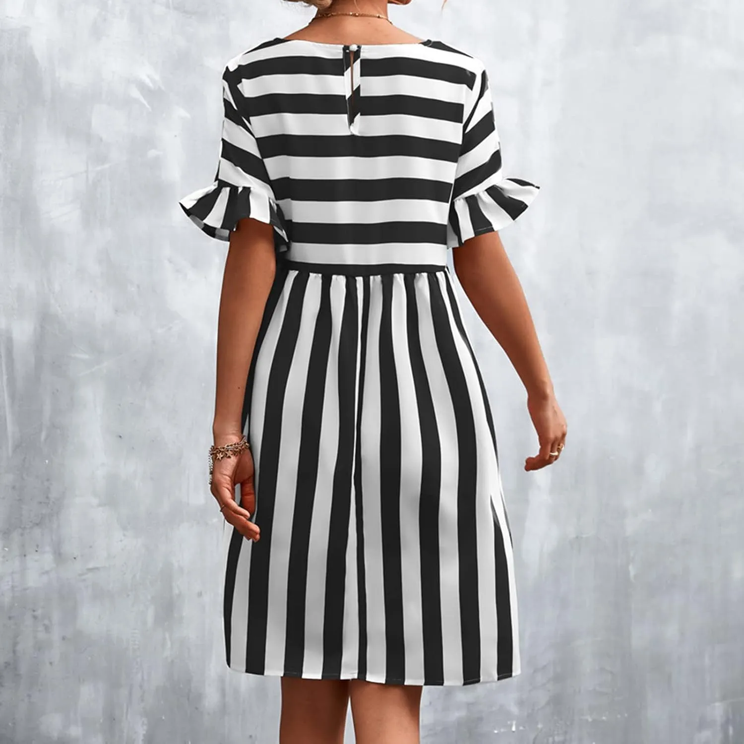 Women's Summer Ruffle Short Sleeve Striped Midi T Shirt Dress Crew Neck Work Casual Dresses with Pockets