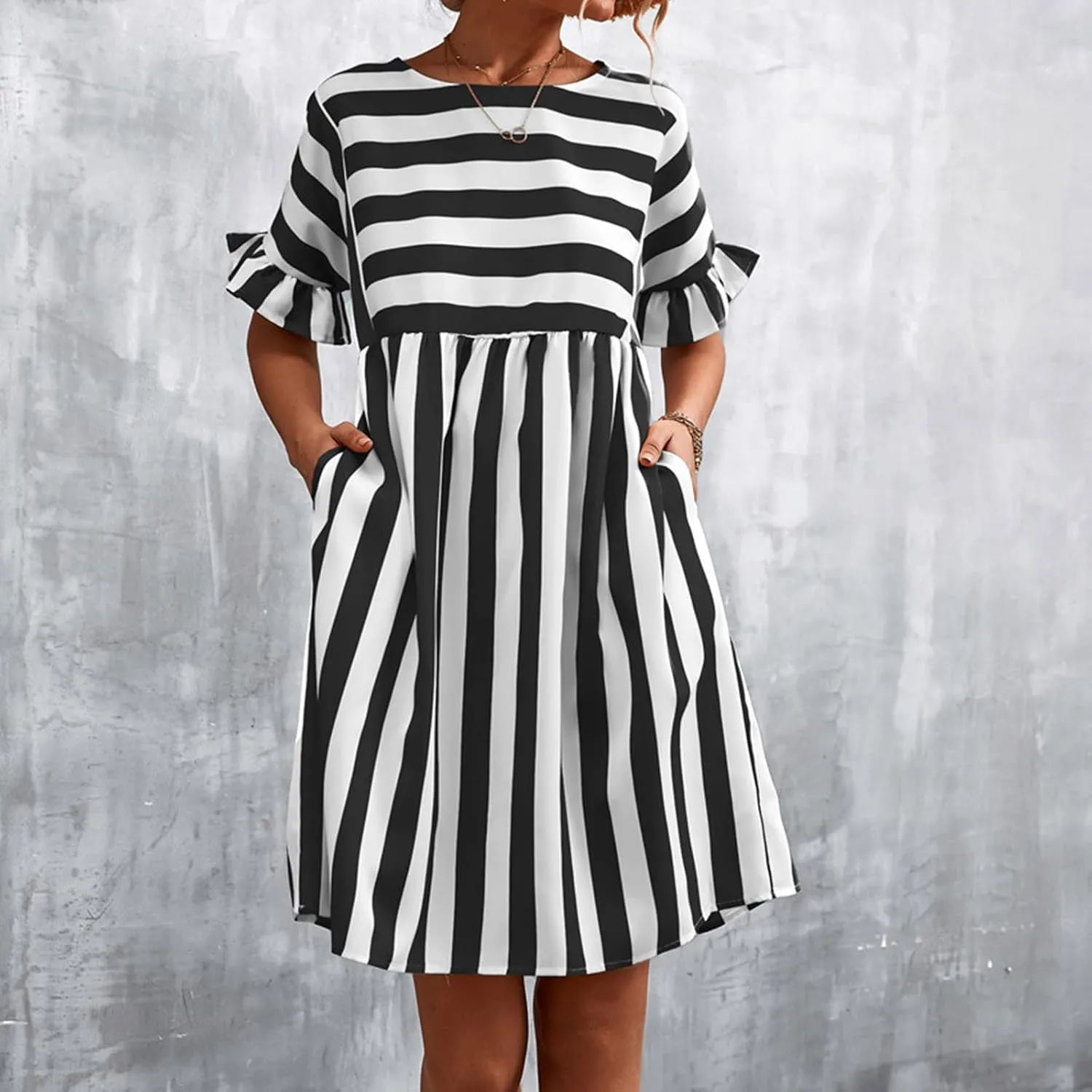 Women's Summer Ruffle Short Sleeve Striped Midi T Shirt Dress Crew Neck Work Casual Dresses with Pockets