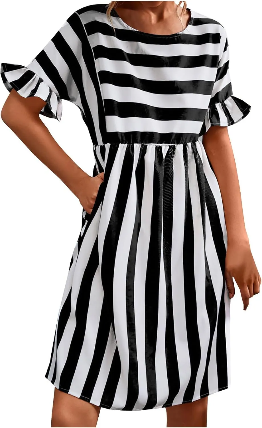 Women's Summer Ruffle Short Sleeve Striped Midi T Shirt Dress Crew Neck Work Casual Dresses with Pockets