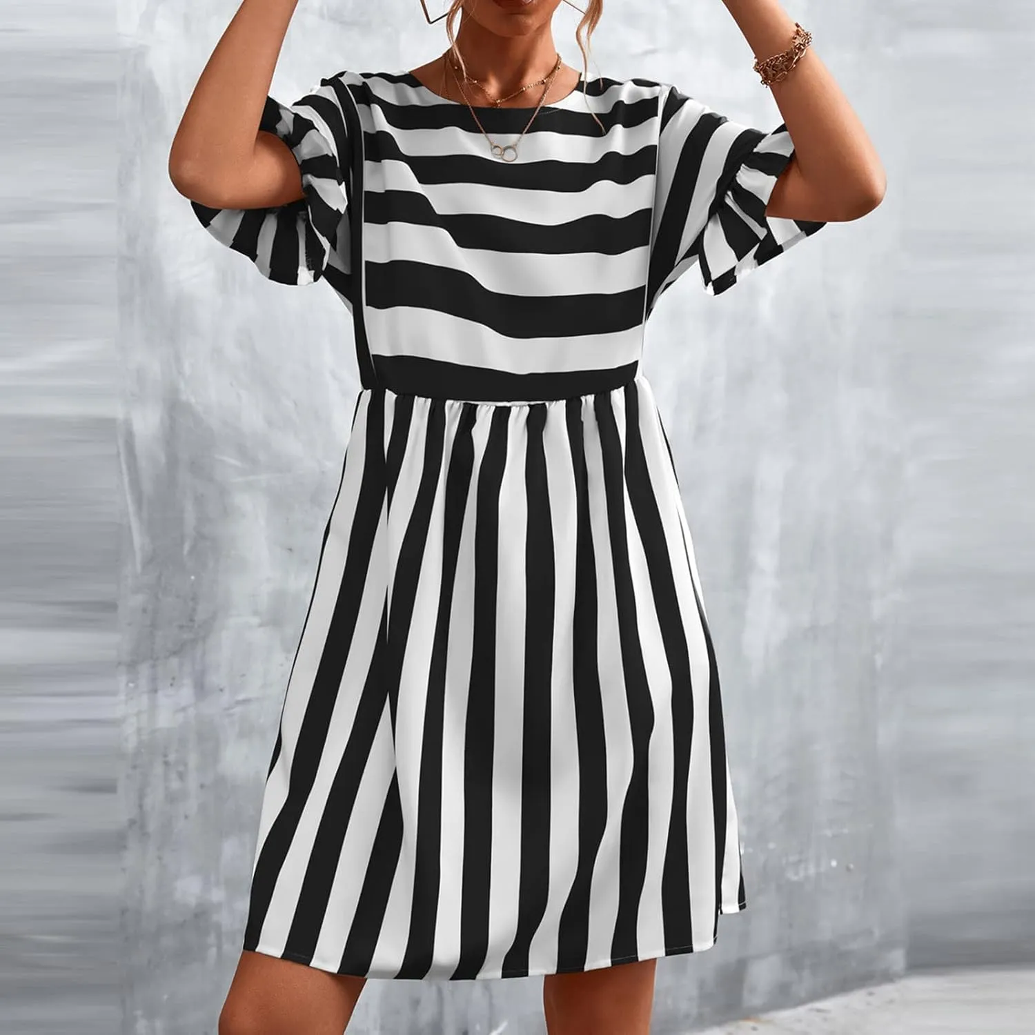 Women's Summer Ruffle Short Sleeve Striped Midi T Shirt Dress Crew Neck Work Casual Dresses with Pockets