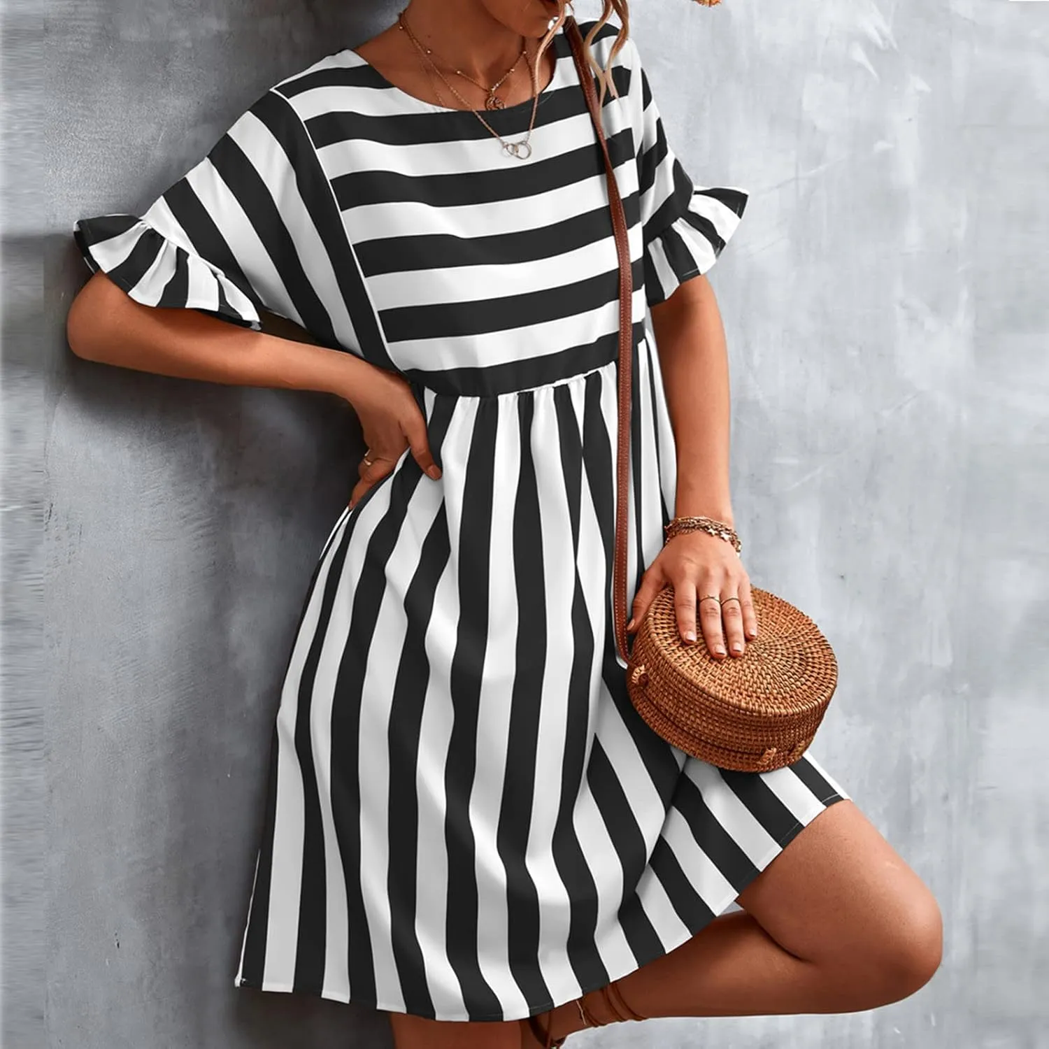 Women's Summer Ruffle Short Sleeve Striped Midi T Shirt Dress Crew Neck Work Casual Dresses with Pockets