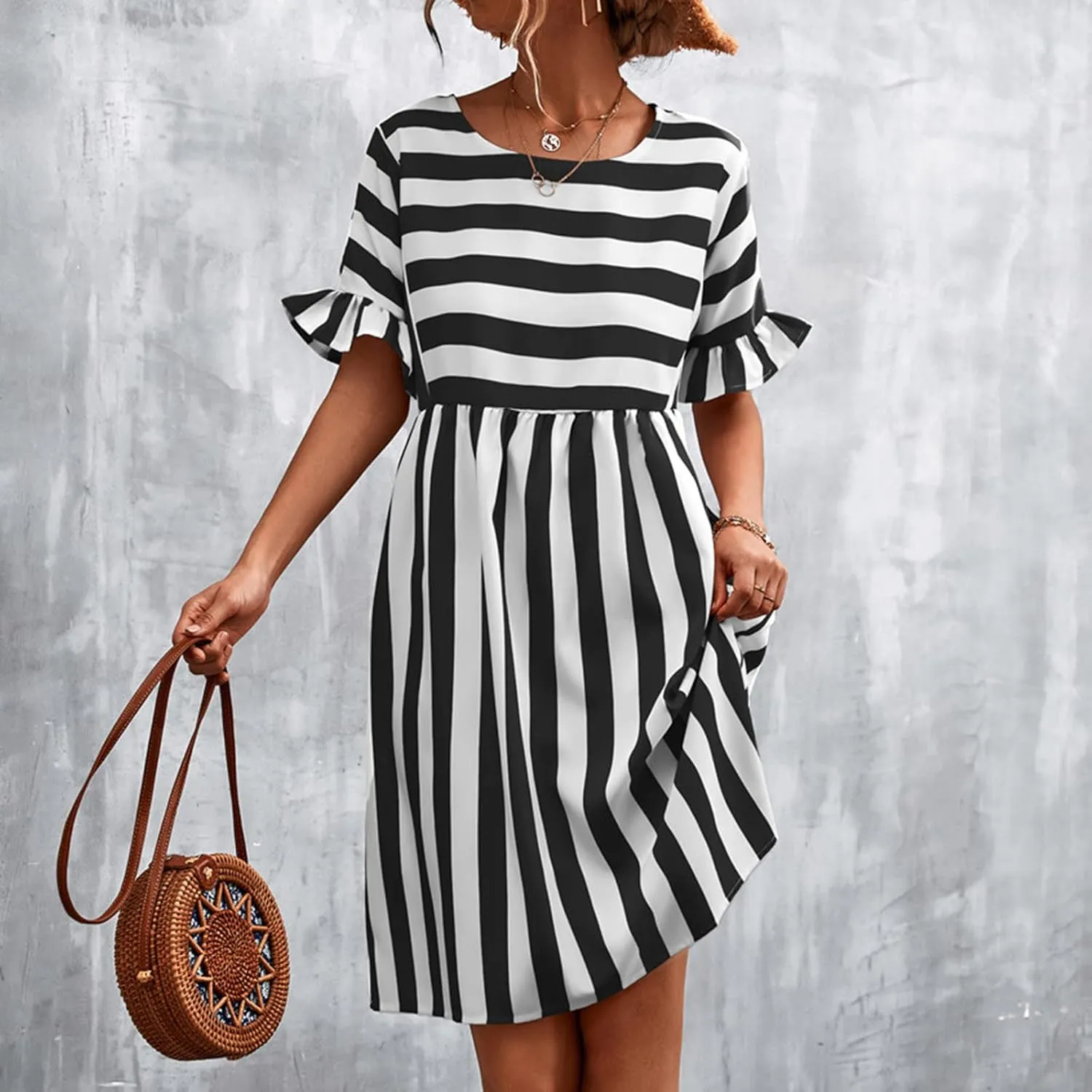 Women's Summer Ruffle Short Sleeve Striped Midi T Shirt Dress Crew Neck Work Casual Dresses with Pockets