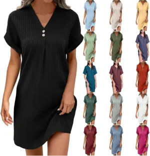 Womens Summer Shirt Dress 2025 Short Sleeve V Neck Buttons Dress Casual Loose Beach Mini T Shirt Sundress with Pockets
