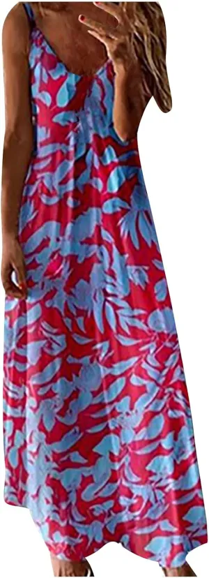Women's Summer Spaghetti Strap Elegant Long Dresses Plus Size Vacation Flowy Beach Dress Loose Floor Length Dress Dress for Women Red 2X