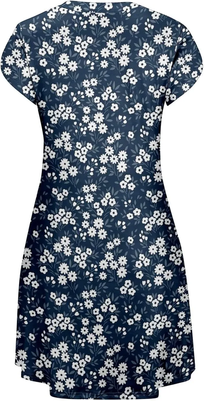 Women's Summer Spring Casual Beach Sundress 2025 Vacation Short Sleeve V Neck Floral Dress Loose Mini Dresses