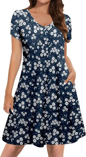 Women's Summer Spring Casual Beach Sundress 2025 Vacation Short Sleeve V Neck Floral Dress Loose Mini Dresses