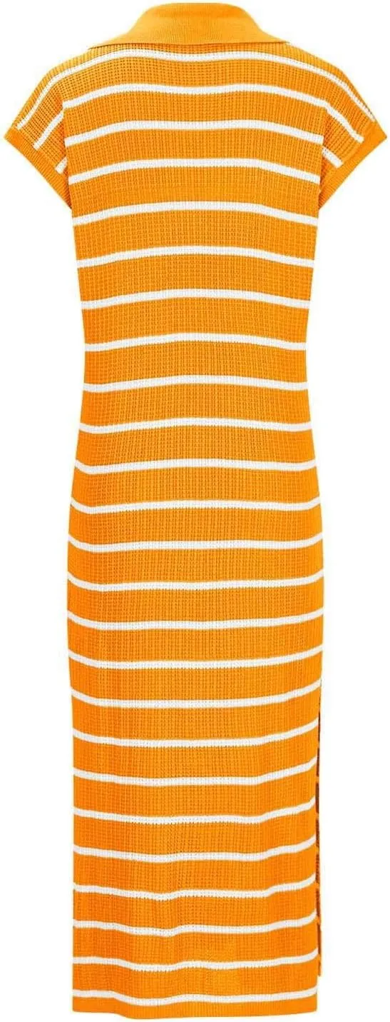 Women's Summer Striped Maxi Dress Casual Short Sleeve Loose Knitted Dress V Neck Collared Side Slit Sweater Dresses