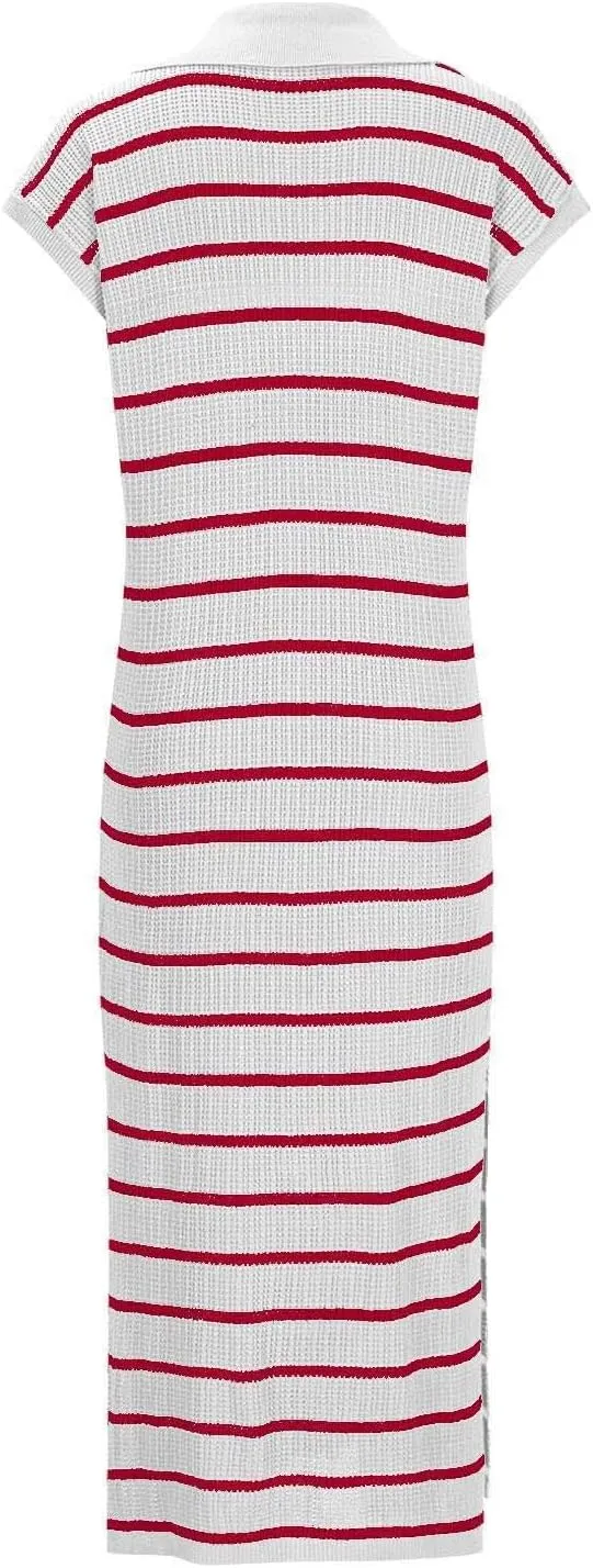 Women's Summer Striped Maxi Dress Casual Short Sleeve Loose Knitted Dress V Neck Collared Side Slit Sweater Dresses