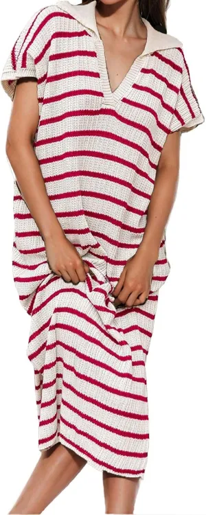 Women's Summer Striped Maxi Dress Casual Short Sleeve Loose Knitted Dress V Neck Collared Side Slit Sweater Dresses