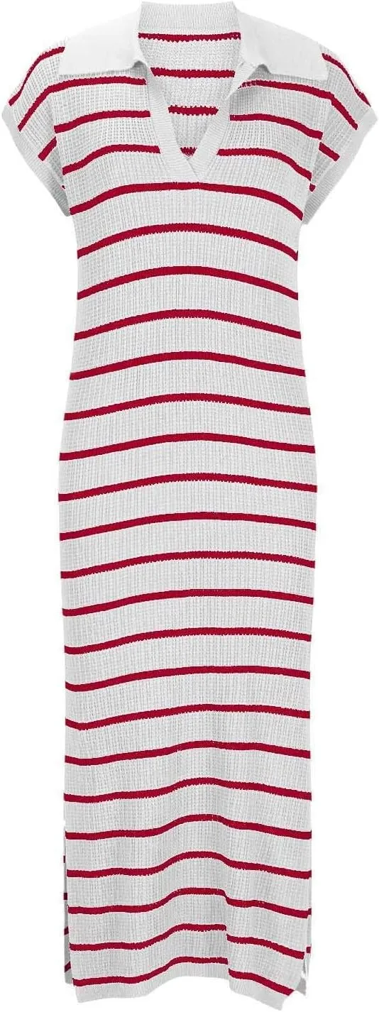 Women's Summer Striped Maxi Dress Casual Short Sleeve Loose Knitted Dress V Neck Collared Side Slit Sweater Dresses