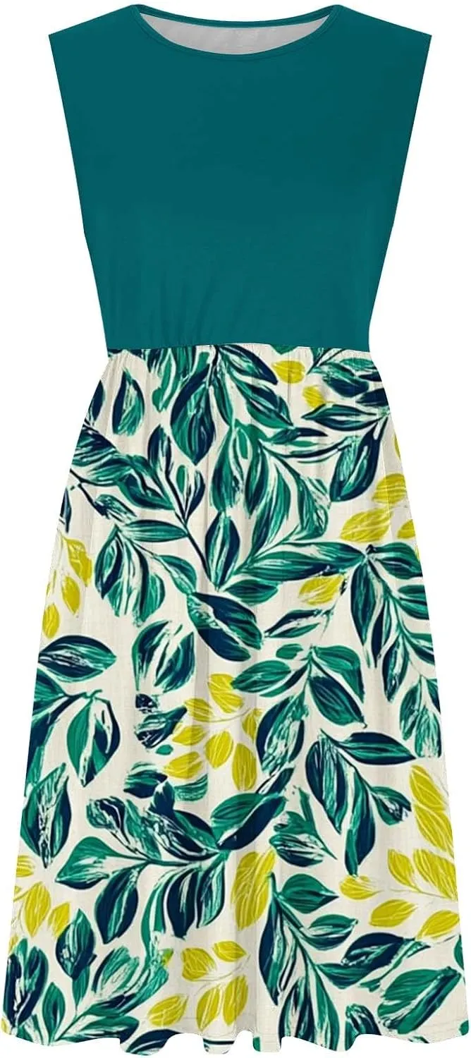 Women's Summer Tank Midi Dress with Pockets, Sleeveless A-Line Sun Dresses Casual T-Shirt Dress Flowy Beach Sundress