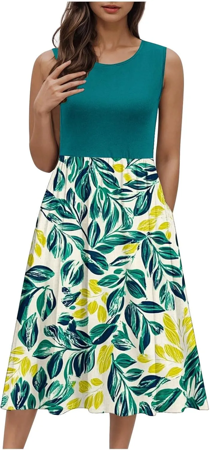Women's Summer Tank Midi Dress with Pockets, Sleeveless A-Line Sun Dresses Casual T-Shirt Dress Flowy Beach Sundress