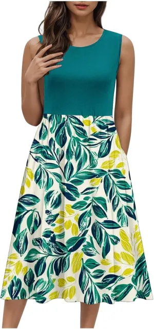 Women's Summer Tank Midi Dress with Pockets, Sleeveless A-Line Sun Dresses Casual T-Shirt Dress Flowy Beach Sundress