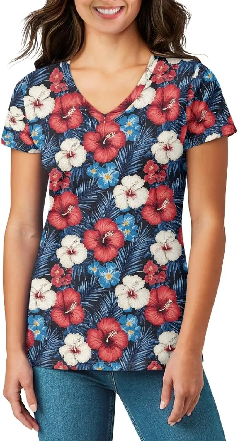 Womens Summer V Neck Casual T Shirt Short Sleeve Blouses Tops Plus Size Athletic T-Shirt for Women Graphic XS-5XL