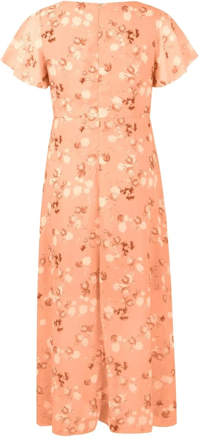 Women's Summer Wedding Guest Dress Chiffon Boho Floral Ruffle Short Sleeve v Neck Casual Flowy Maxi Sundress