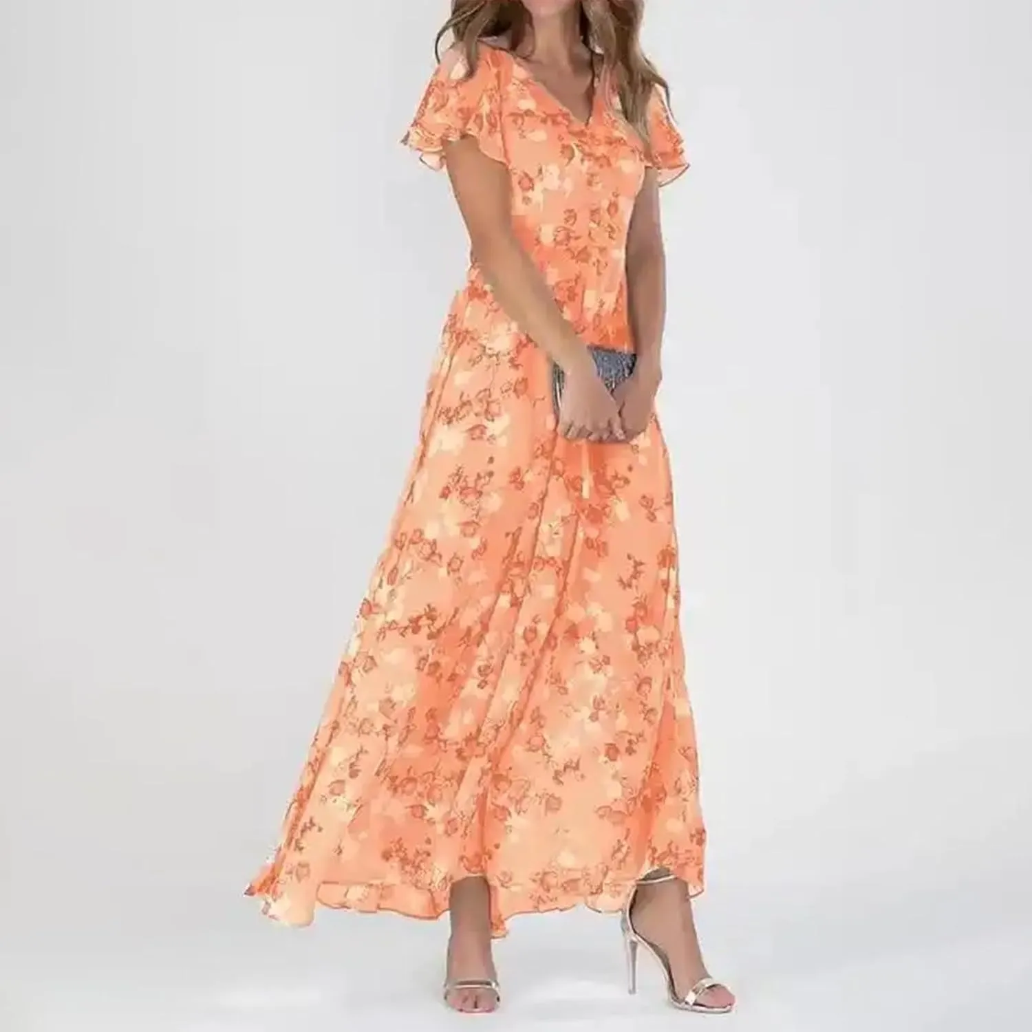 Women's Summer Wedding Guest Dress Chiffon Boho Floral Ruffle Short Sleeve v Neck Casual Flowy Maxi Sundress