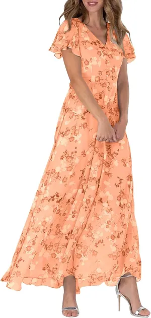 Women's Summer Wedding Guest Dress Chiffon Boho Floral Ruffle Short Sleeve v Neck Casual Flowy Maxi Sundress