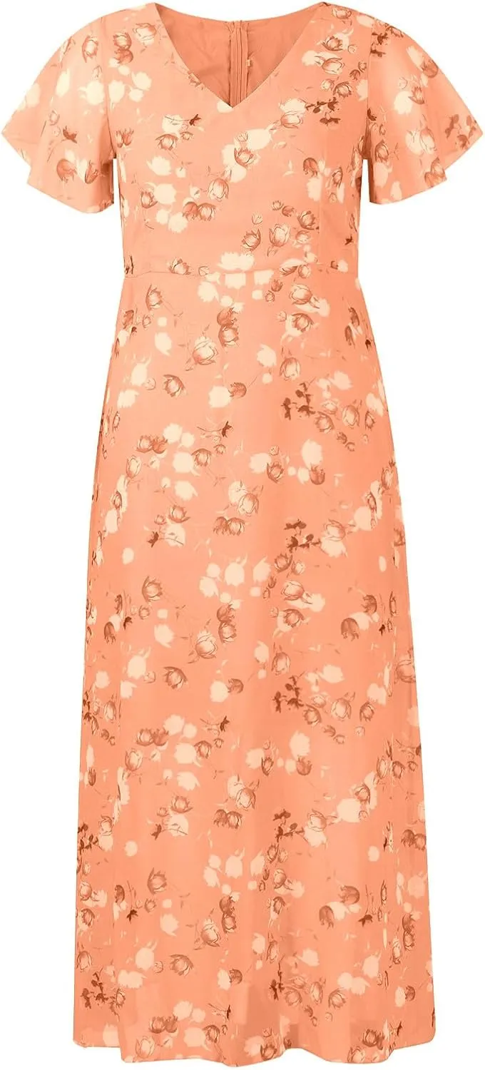 Women's Summer Wedding Guest Dress Chiffon Boho Floral Ruffle Short Sleeve v Neck Casual Flowy Maxi Sundress