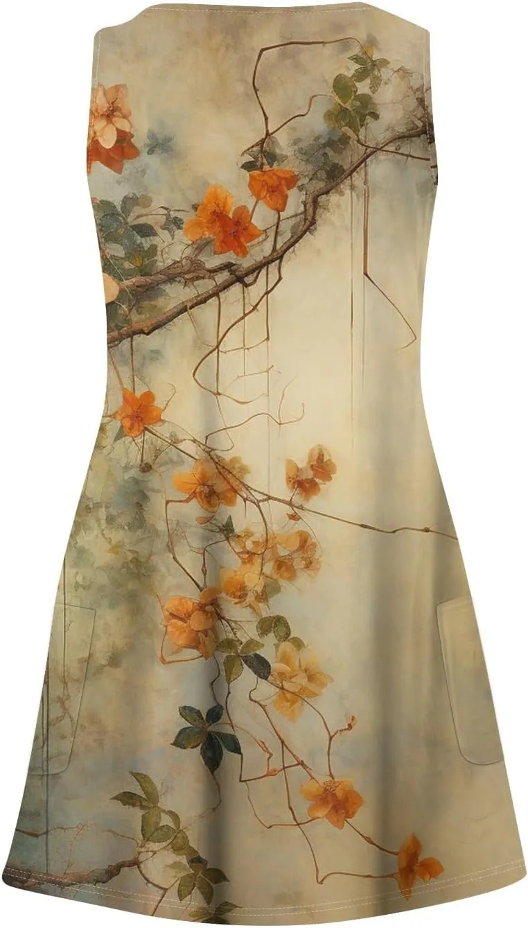 Women's Sun Dresses Summer Casual V Neck Sundresses Boho Tank Dress Beach Vacation Clothes with Pockets