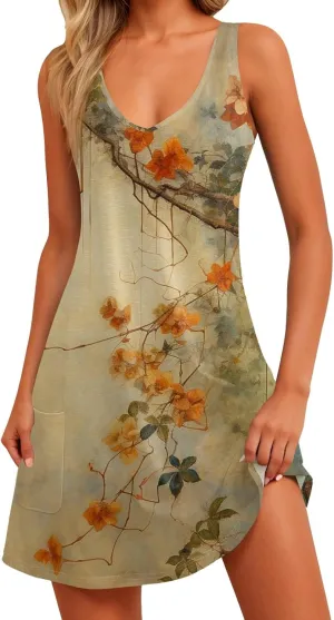 Women's Sun Dresses Summer Casual V Neck Sundresses Boho Tank Dress Beach Vacation Clothes with Pockets