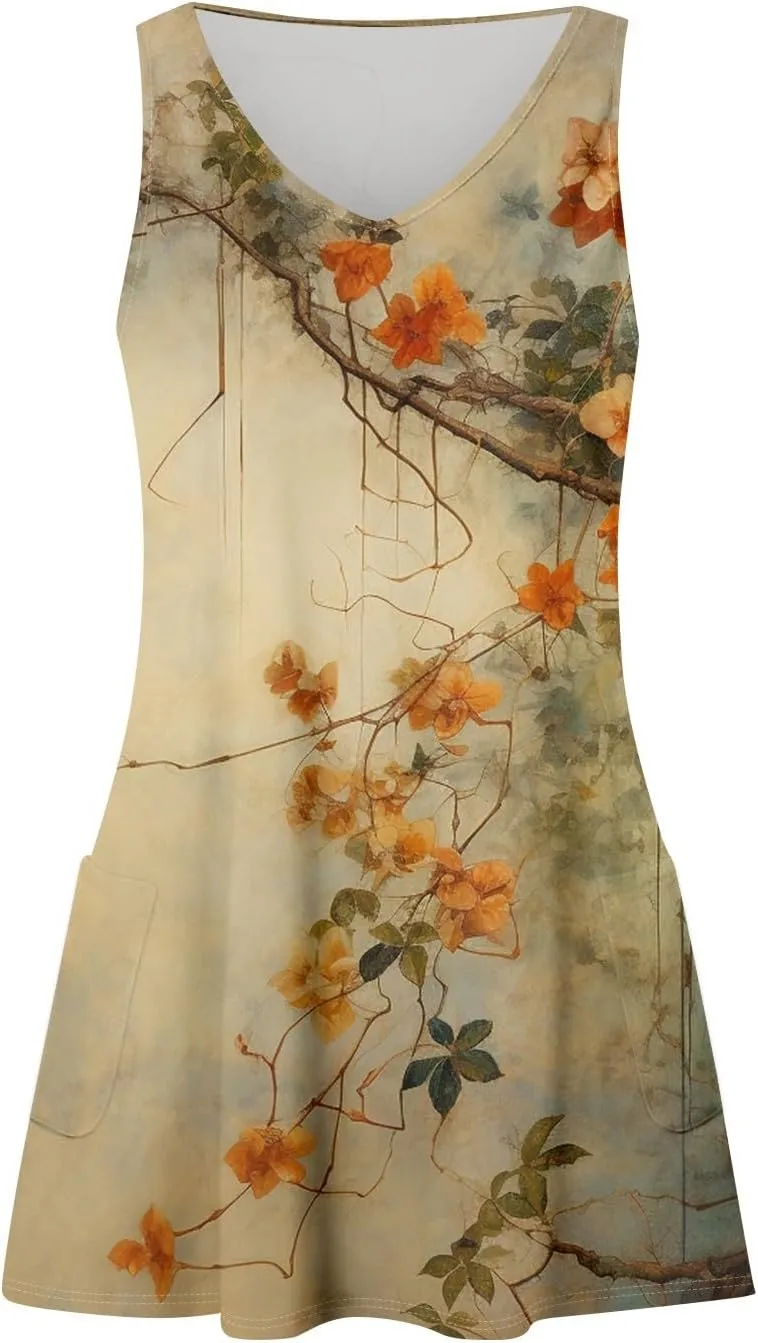 Women's Sun Dresses Summer Casual V Neck Sundresses Boho Tank Dress Beach Vacation Clothes with Pockets