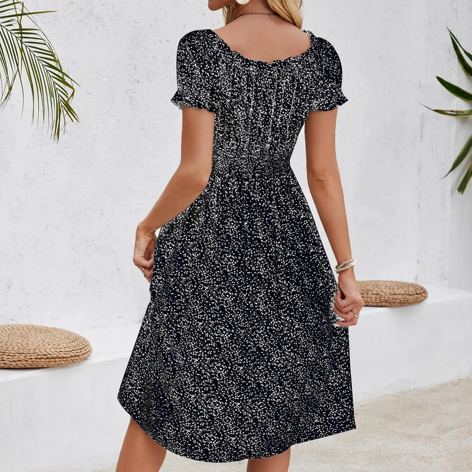 Womens Sundress Summer Casual Floral Midi Dress Ruffle Short Sleeve Crew Neck A-line Flowy Boho Dresses