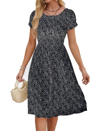 Womens Sundress Summer Casual Floral Midi Dress Ruffle Short Sleeve Crew Neck A-line Flowy Boho Dresses