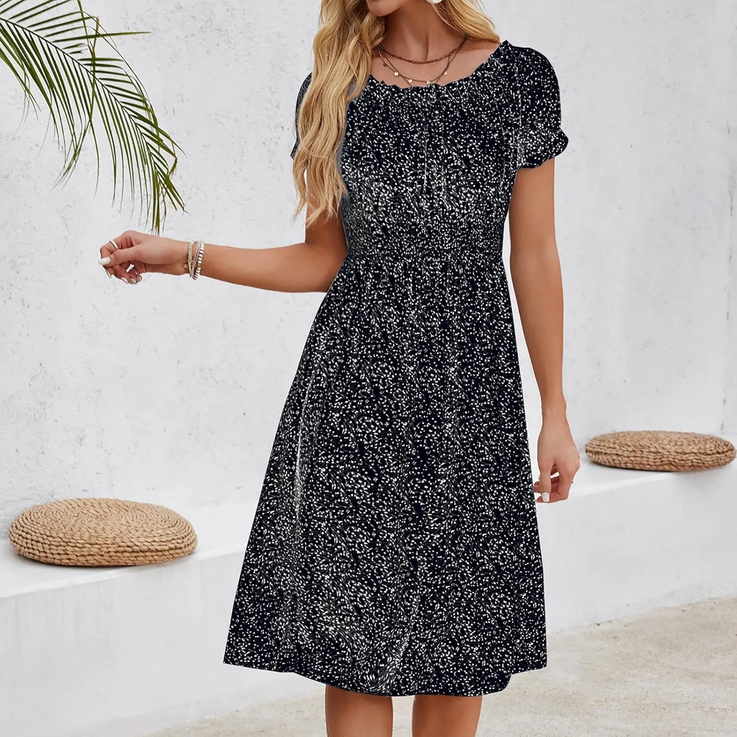 Womens Sundress Summer Casual Floral Midi Dress Ruffle Short Sleeve Crew Neck A-line Flowy Boho Dresses