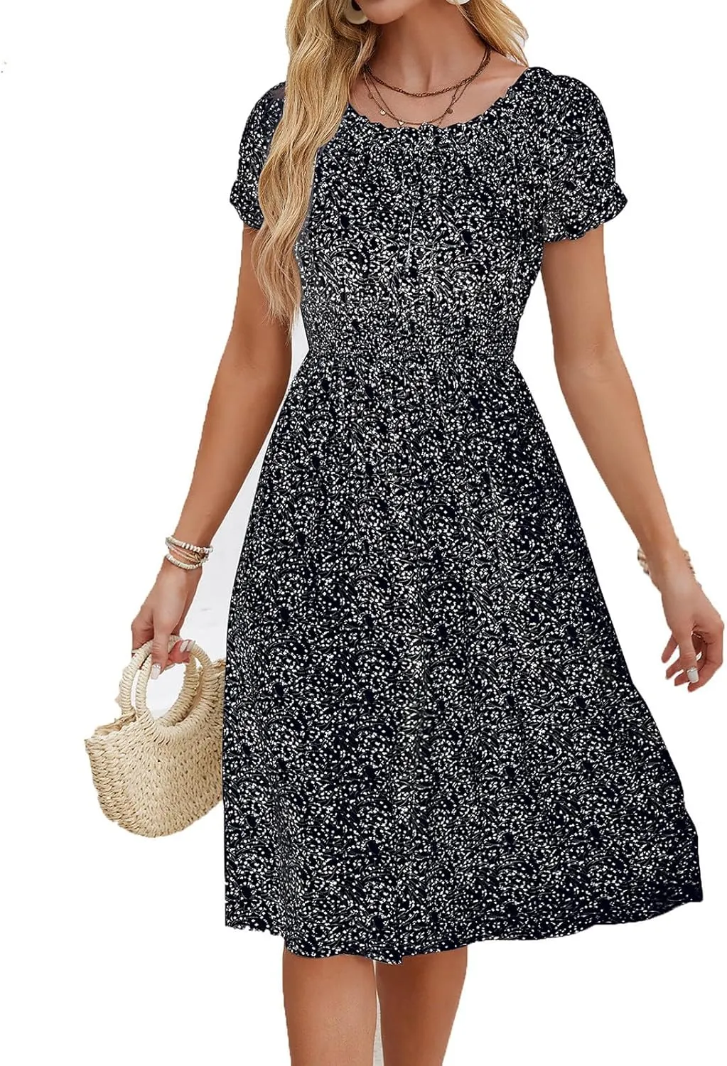 Womens Sundress Summer Casual Floral Midi Dress Ruffle Short Sleeve Crew Neck A-line Flowy Boho Dresses