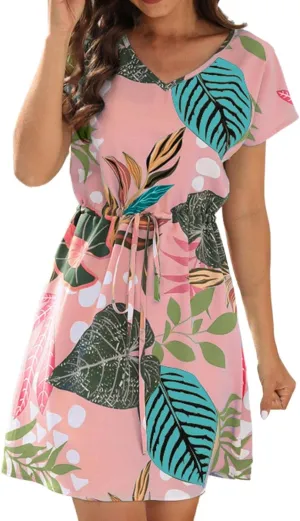 Women's Sundresses Summer 2024 Casual Fashion Floral Print Drawstring V-Neck Short Sleeve Mini Dress Boho Beach Dress