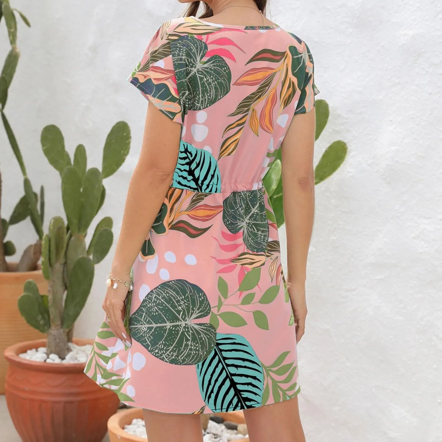 Women's Sundresses Summer 2024 Casual Fashion Floral Print Drawstring V-Neck Short Sleeve Mini Dress Boho Beach Dress