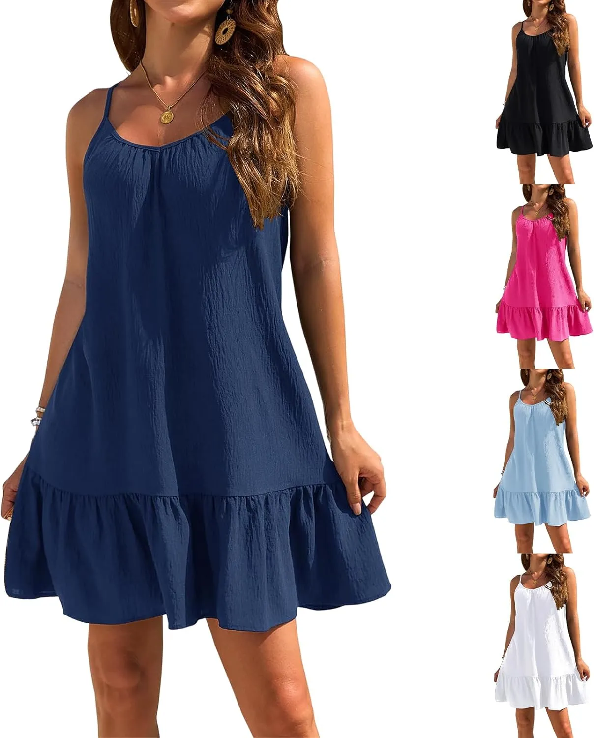 Womens Swimsuit Coverup Spaghetti Strap Backless Babydoll Short Ruffle Hem Dresses Summer Flowy Beach Sundress