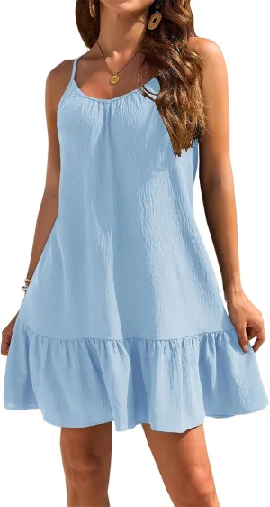 Womens Swimsuit Coverup Spaghetti Strap Backless Babydoll Short Ruffle Hem Dresses Summer Flowy Beach Sundress