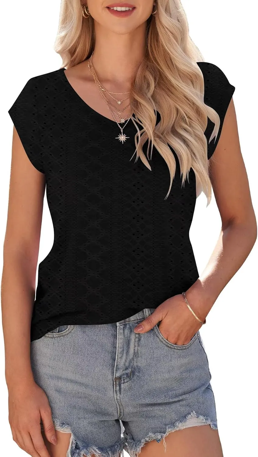 Womens Tops Cap Sleeve T Shirts 2025 Eyelet Embroidery U Neck Summer Fashion Clothes Basic Casual Tee