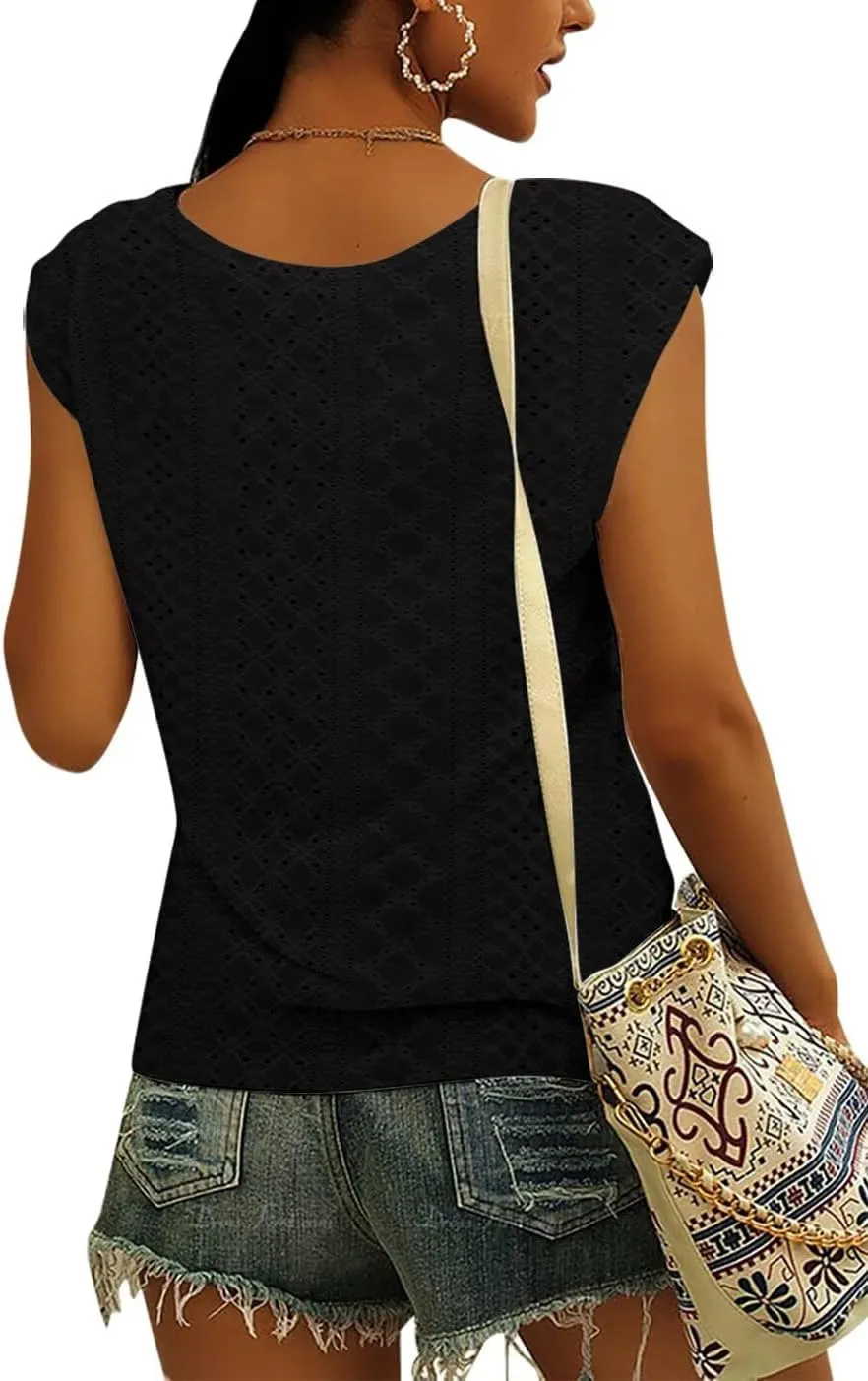 Womens Tops Cap Sleeve T Shirts 2025 Eyelet Embroidery U Neck Summer Fashion Clothes Basic Casual Tee