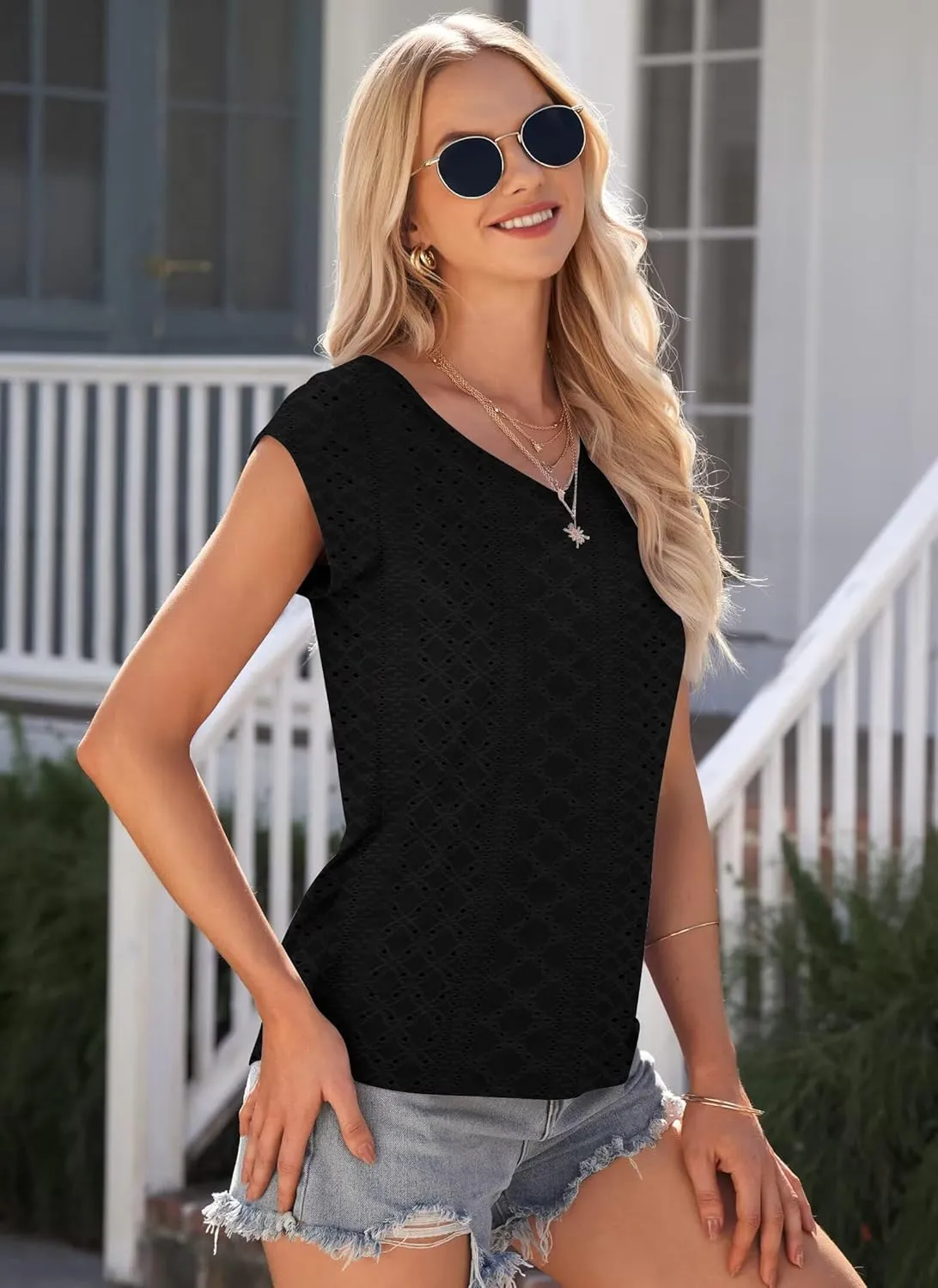 Womens Tops Cap Sleeve T Shirts 2025 Eyelet Embroidery U Neck Summer Fashion Clothes Basic Casual Tee